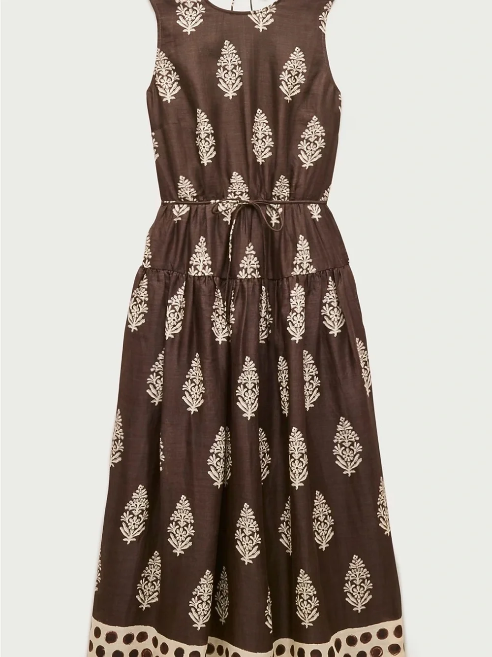 J. Crew SZ1 16 Brown Sleeveless Midi Dress with Ivory Motifs 100% Ramie NWT